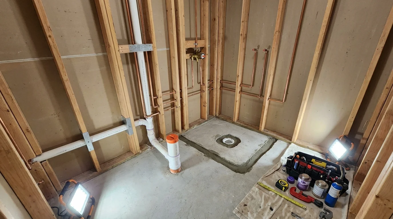 Bathroom rough-in plumbing during remodel by Johns Plumbing LLC in Fort Fairfield