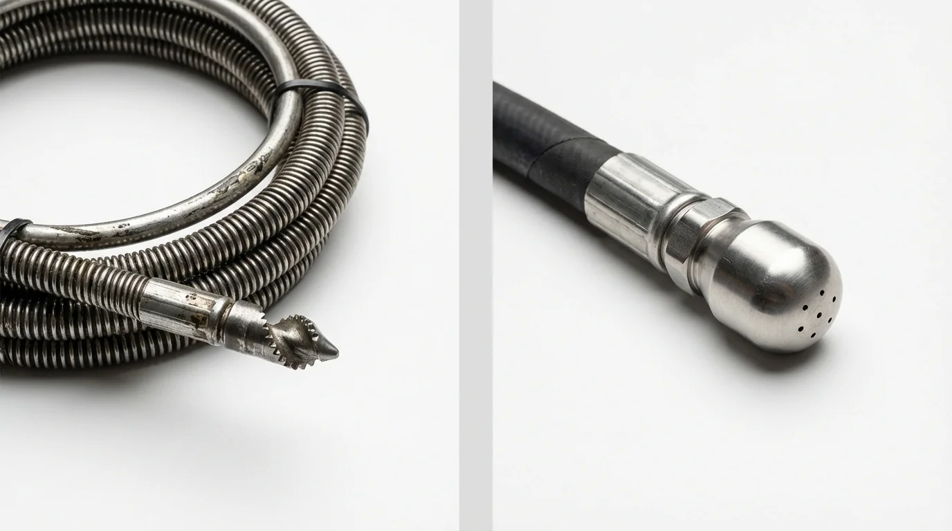 Drain snake cable and hydro jetting nozzle used for drain cleaning in Fort Fairfield, ME