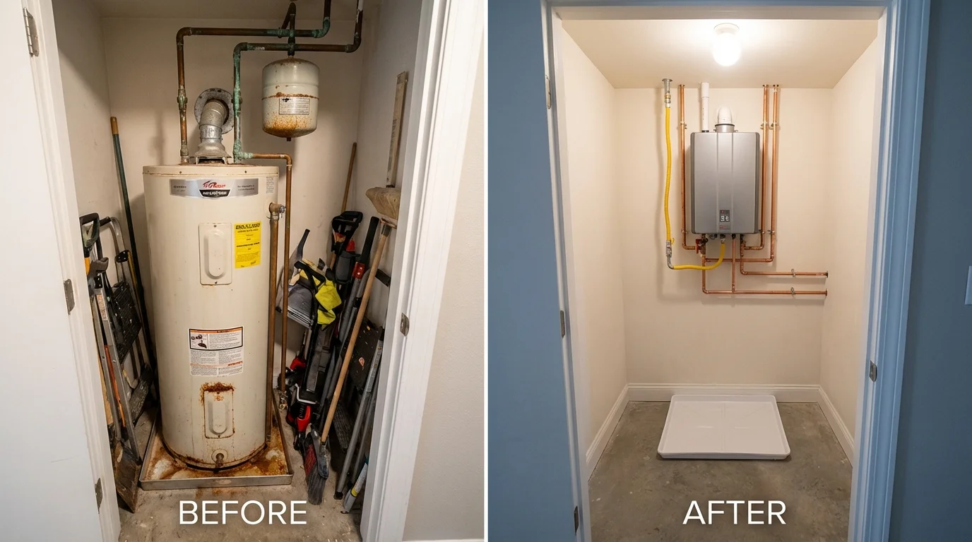 Tank water heater versus wall-mounted tankless unit comparison for Fort Fairfield, ME homeowners