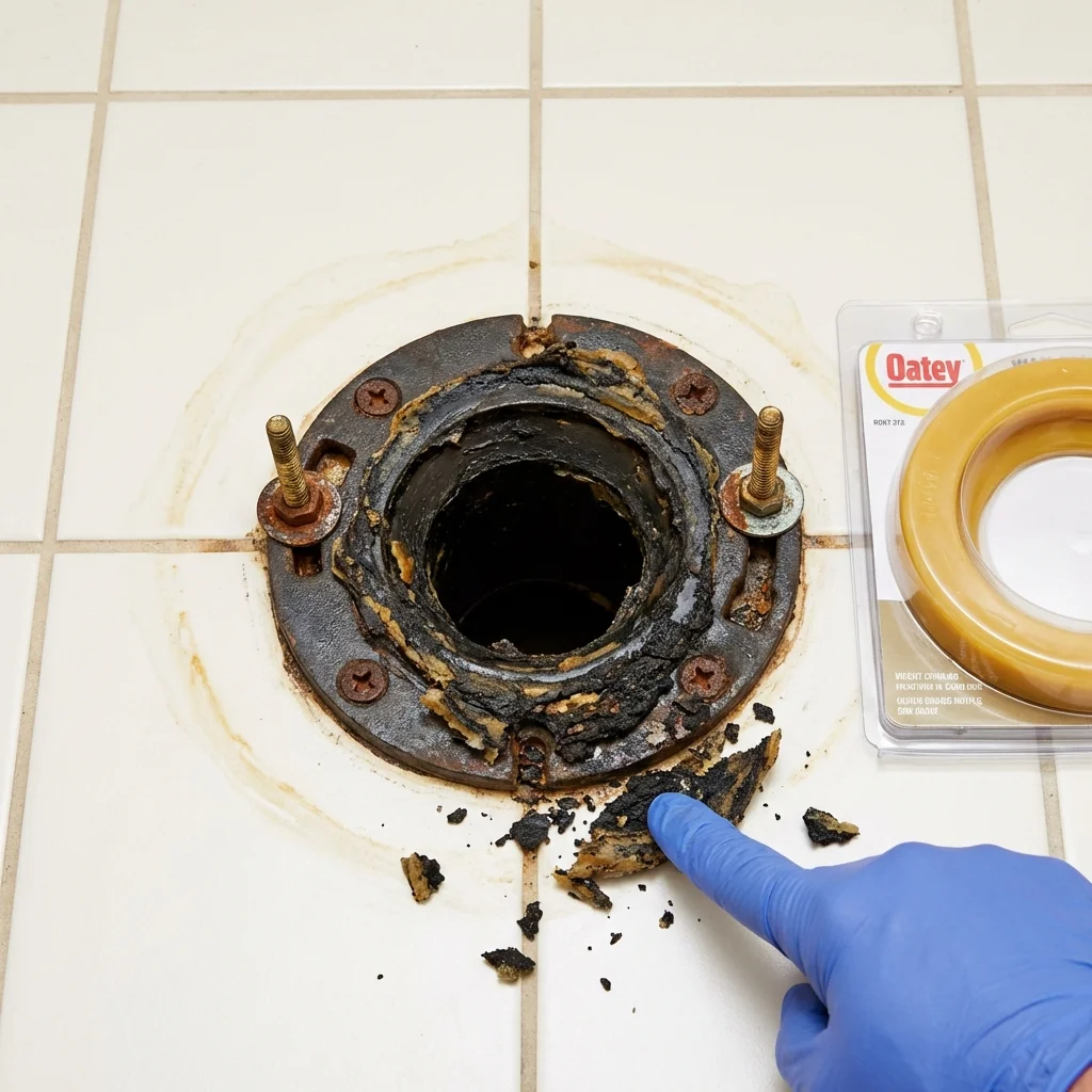 Failed wax ring showing water seepage at the base of a toilet in a Fort Fairfield, ME home