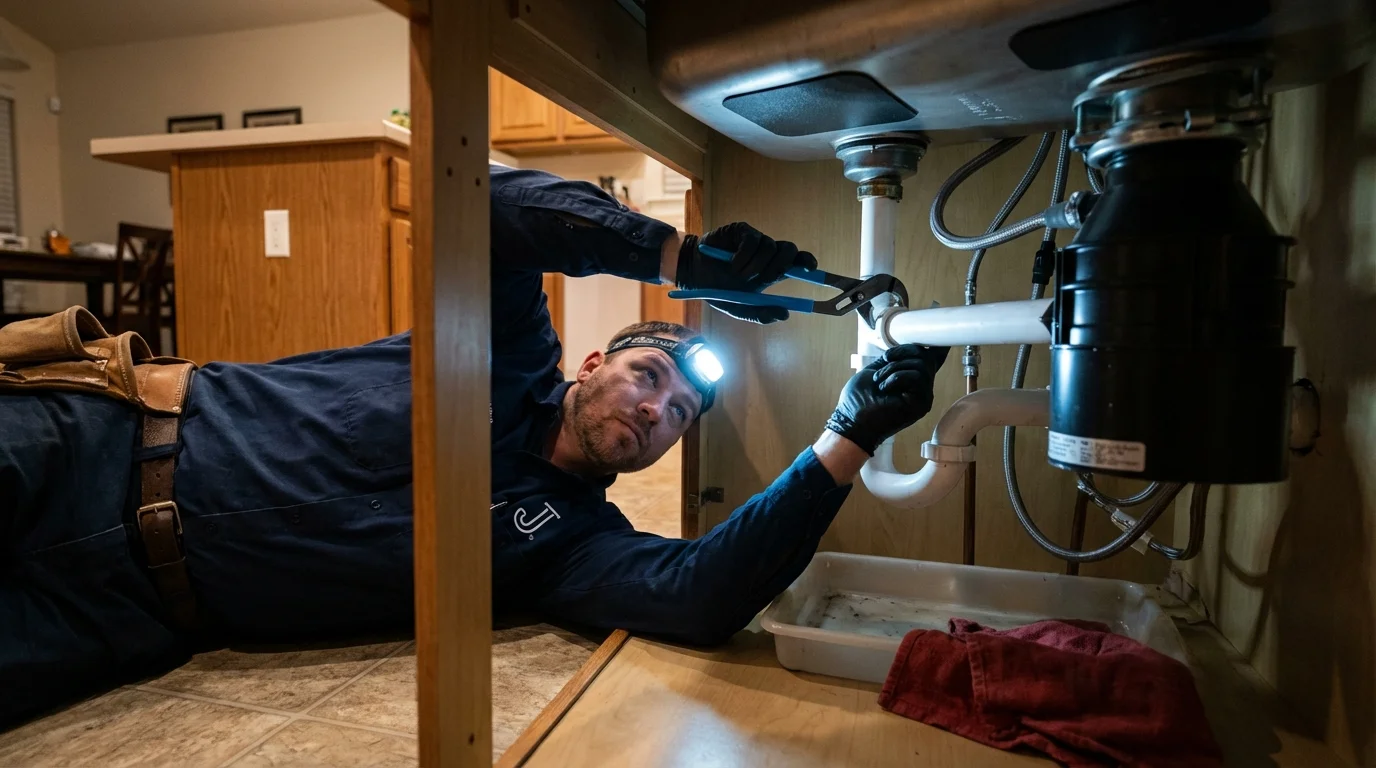 P-trap and supply line connections under a kitchen sink showing a common leak point in Fort Fairfield, ME
